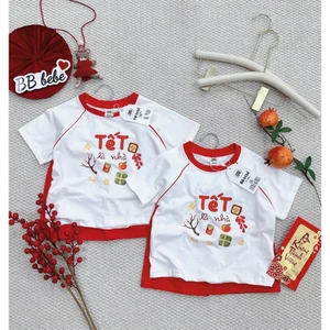 Bộ cotton cộc tay in hoạ tiết tết tông màu đỏ trắng, bộ thun diện tết siêu xinh unisex cho bé