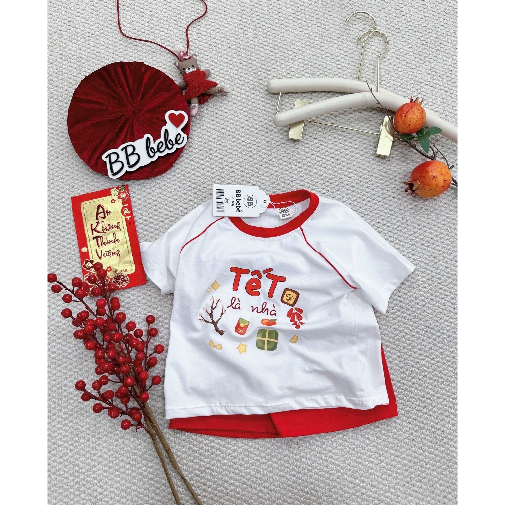 Bộ cotton cộc tay in hoạ tiết tết tông màu đỏ trắng, bộ thun diện tết siêu xinh unisex cho bé