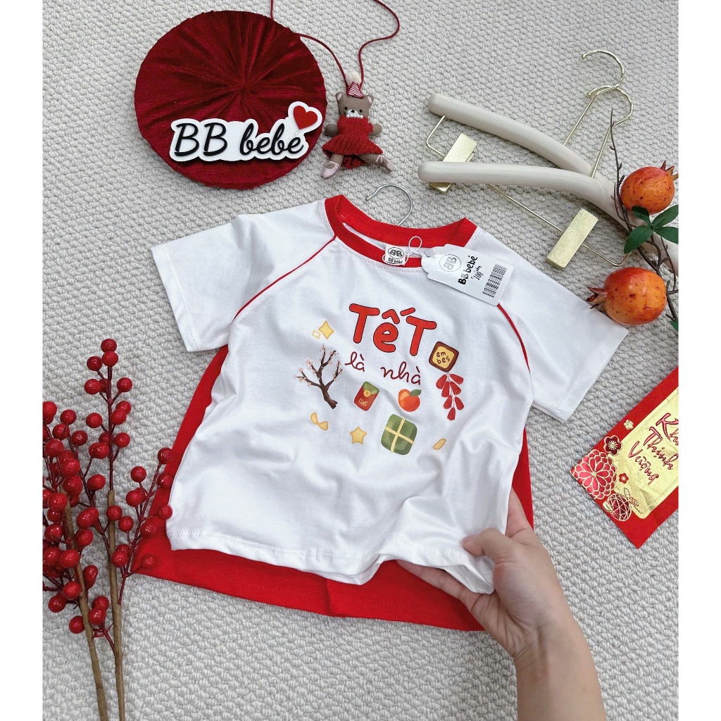 Bộ cotton cộc tay in hoạ tiết tết tông màu đỏ trắng, bộ thun diện tết siêu xinh unisex cho bé