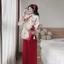 QC_ Set đồ lam, đồ Tết đi lễ cách tân áo Gấm phối Tơ nến Lưới in hoa đính nơ cổ tàu kèm quần dài
