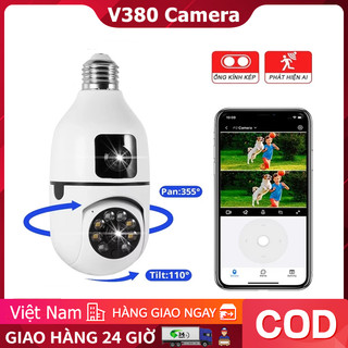 V380 Camera Wifi 2 mắt FHD Đèn bóng đèn CCTV, xoay 360 độ, theo dõi chuyển động âm thanh 2 chiều