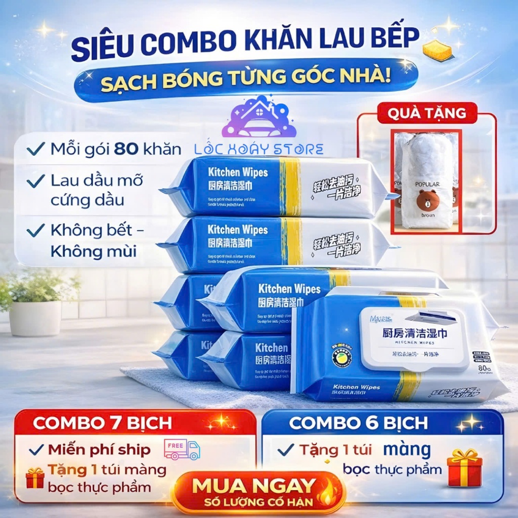Gói 80 Tờ Khăn Ướt Lau Bếp Đa Năng Hương Chanh Dịu Nhẹ, Giấy Ướt Lau Bếp An Toàn Làm Sạch Dầu Mỡ