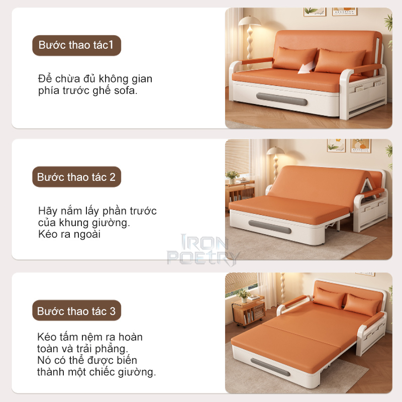 IRO Sofa Bed Kéo Thành Giường  Khung Thép Kết Hợp Gỗ Da Công Nghệ Chống Mài Mòn Tích Hợp Ngăn Chứa