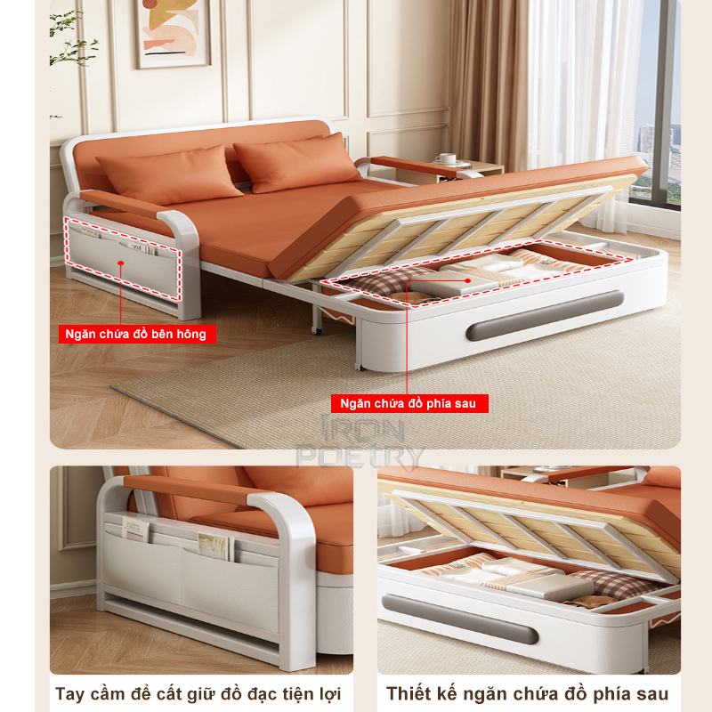 IRO Sofa Bed Kéo Thành Giường  Khung Thép Kết Hợp Gỗ Da Công Nghệ Chống Mài Mòn Tích Hợp Ngăn Chứa