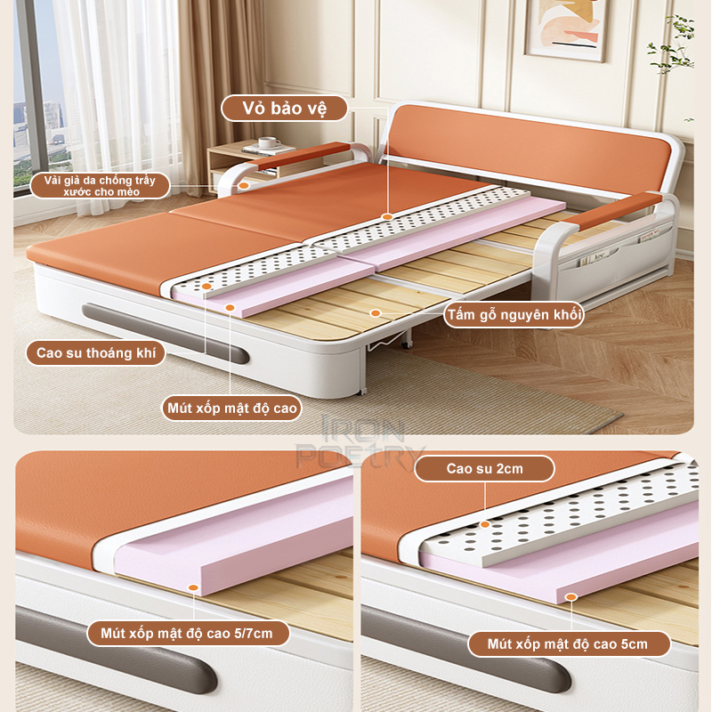 IRO Sofa Bed Kéo Thành Giường  Khung Thép Kết Hợp Gỗ Da Công Nghệ Chống Mài Mòn Tích Hợp Ngăn Chứa