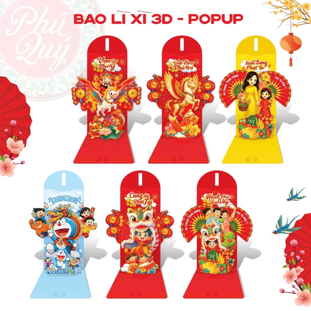 Bao Lì Xì Xòe Popup 3D Cao Cấp Đôremon Xinh Xắn Hot Trend 12 Mẫu Nghệ Thuật Quà Tặng Năm Mới- Đồ Chơi Cho Bé PUKAPI