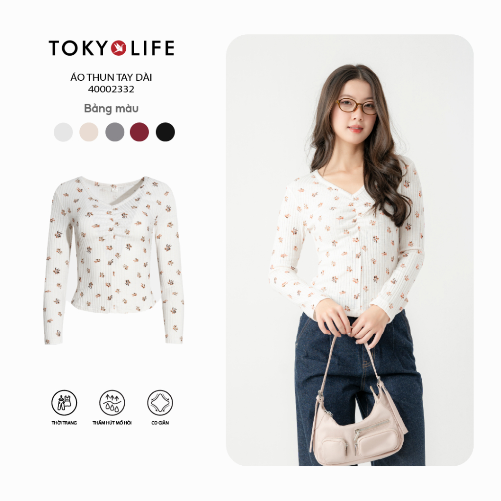 Áo Thun Len Nữ Cổ Tim Dáng Ôm, Nhún Trang Trí, Co Giãn Tốt 40002332 - TOKYOLIFE