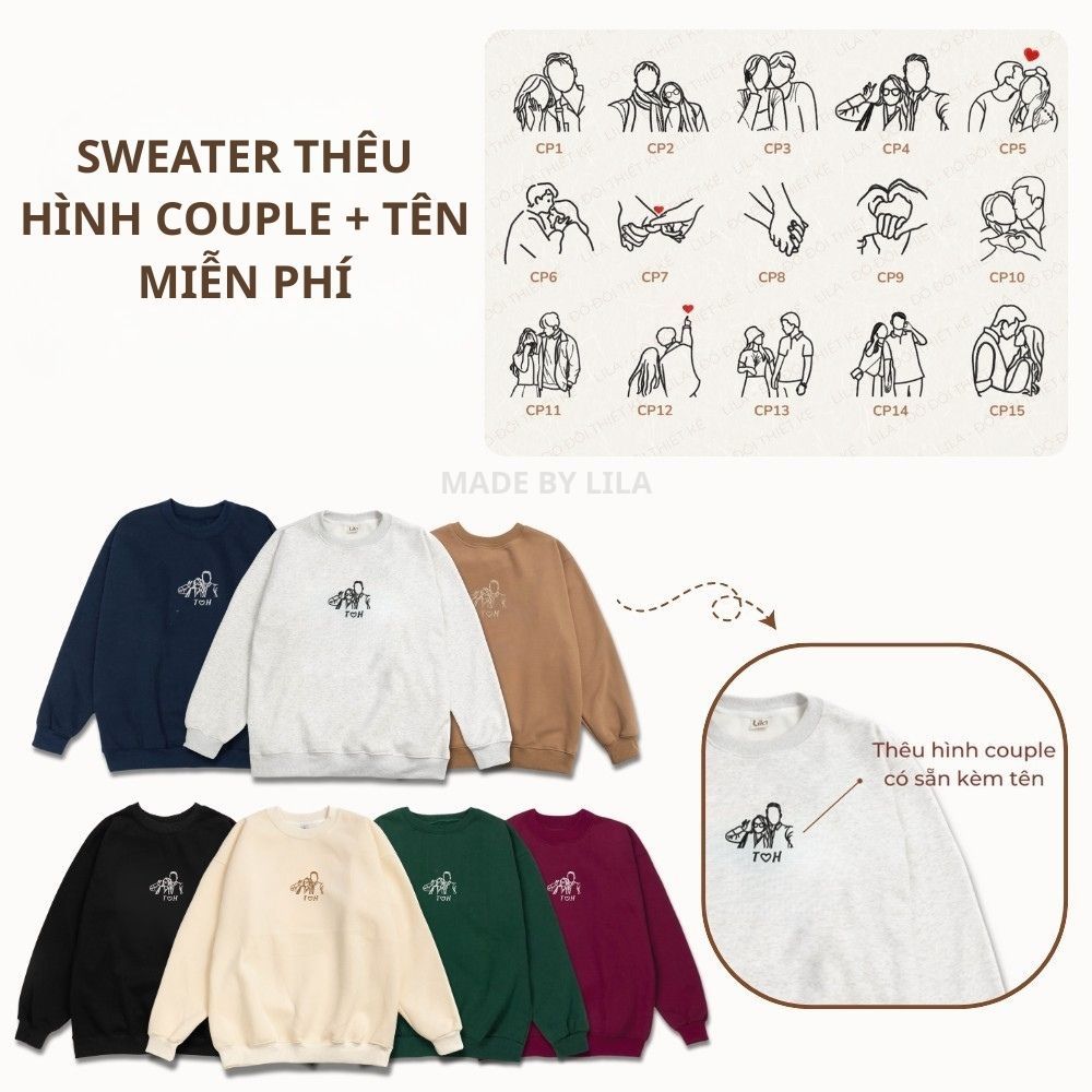 Áo sweater nam nữ nỉ bông LiLa form rộng unisex thêu tên theo yêu cầu, áo đôi dài tay cao cấp dày ấm - quà tặng ý nghĩa