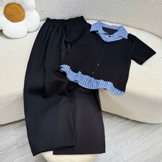 Set bigsize nữ cao cấp áo cardigan ngắn tay phối cổ sơ mi, quần suông form rộng 55-92kg A338+Q558
