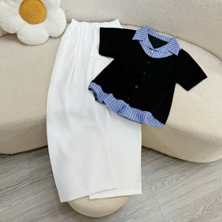 Set bigsize nữ cao cấp áo cardigan ngắn tay phối cổ sơ mi, quần suông form rộng 55-92kg A338+Q558