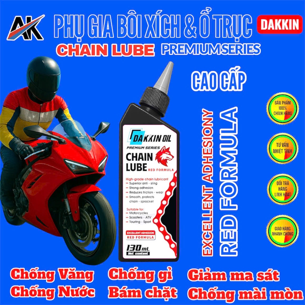PHỤ GIA BÔI XÍCH & Ổ TRỤC DAKKIN PREMIUM – ĐẦU SÓI ĐỎ 130ML