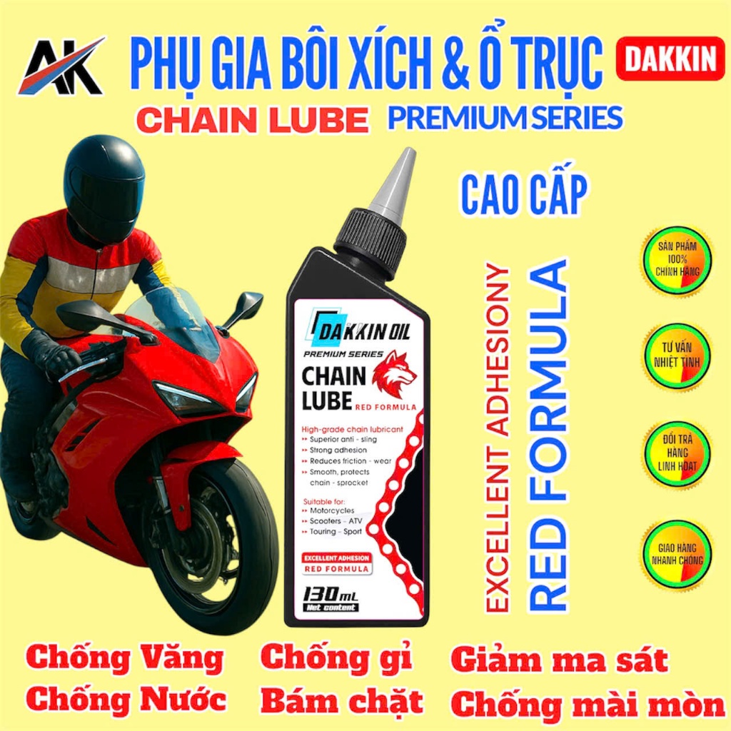 PHỤ GIA BÔI XÍCH & Ổ TRỤC DAKKIN PREMIUM – ĐẦU SÓI ĐỎ 130ML