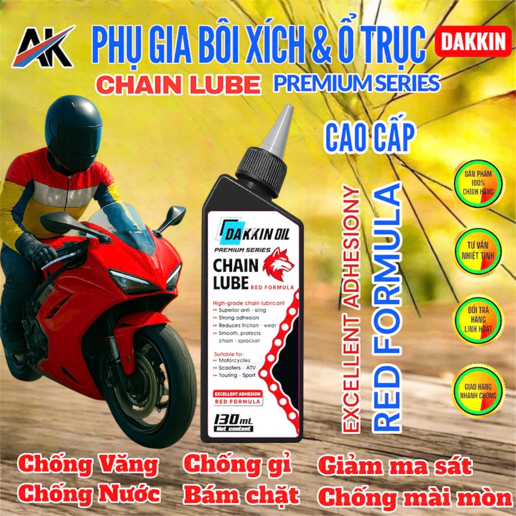 PHỤ GIA BÔI XÍCH & Ổ TRỤC DAKKIN PREMIUM – ĐẦU SÓI ĐỎ 130ML