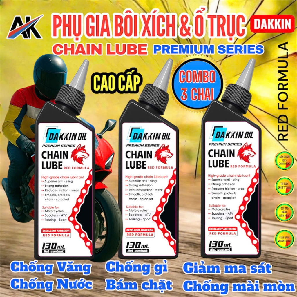 COMBO 3 CHAI  PHỤ GIA BÔI XÍCH & Ổ TRỤC DAKKIN PREMIUM – ĐẦU SÓI ĐỎ 130ML
