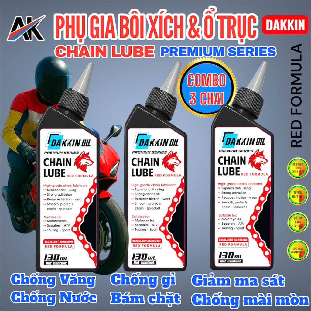 COMBO 3 CHAI  PHỤ GIA BÔI XÍCH & Ổ TRỤC DAKKIN PREMIUM – ĐẦU SÓI ĐỎ 130ML
