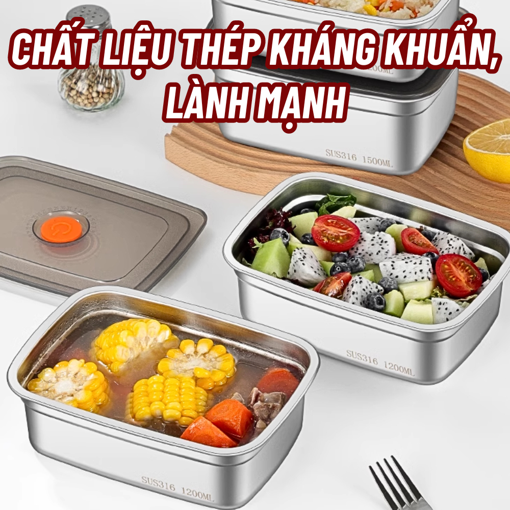 Set Hộp Inox 304 Chống Rỉ Cao Cấp - Bảo Quản Thực Phẩm Tươi Ngon, Giữ Mùi Tốt, Dùng Được Trong Tủ Lạnh & Lò Vi Sóng | Ch