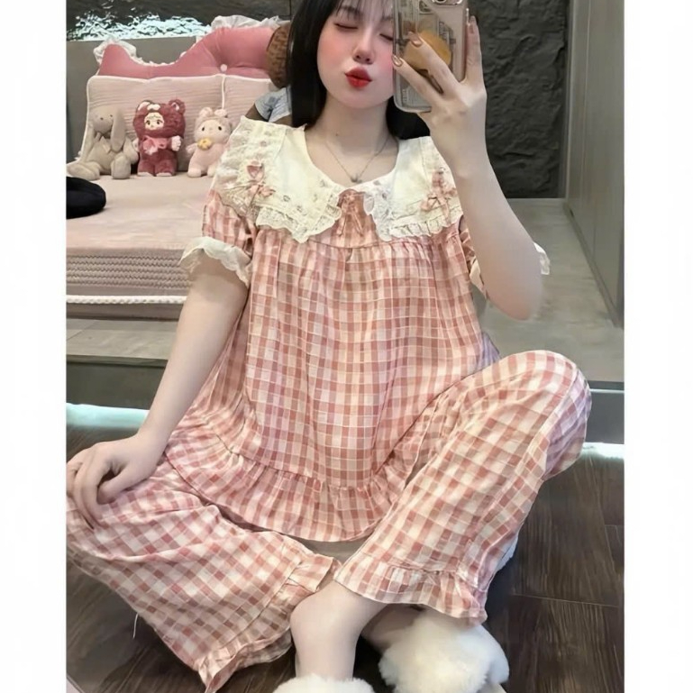 Bộ Áo Babydoll Cổ Và Tay Viền Ren,Quần Dài - MS A01