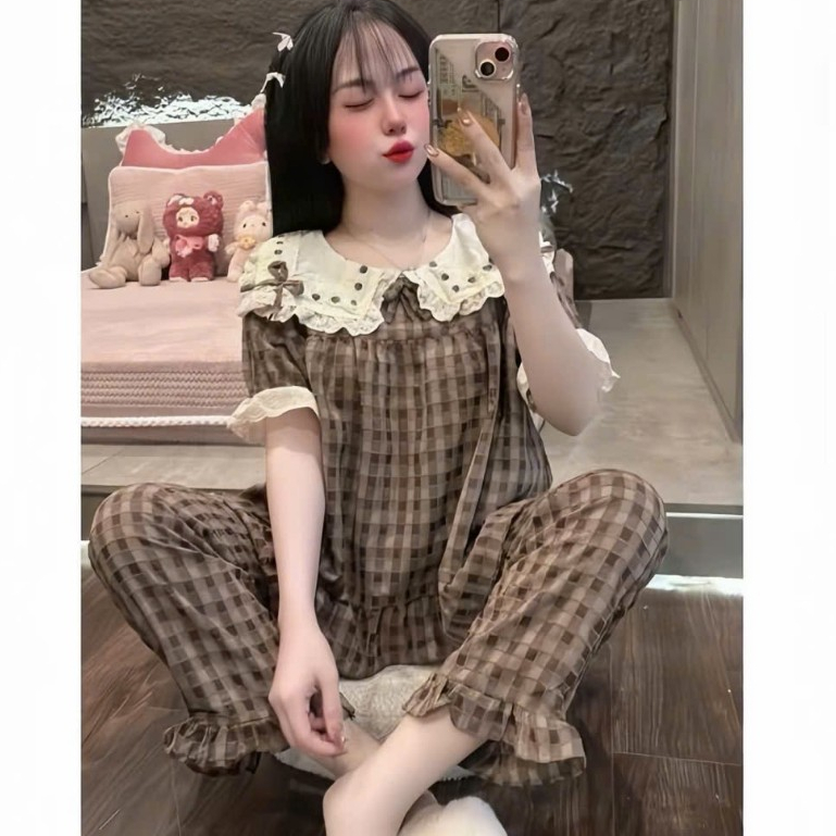 Bộ Áo Babydoll Cổ Và Tay Viền Ren,Quần Dài - MS A01