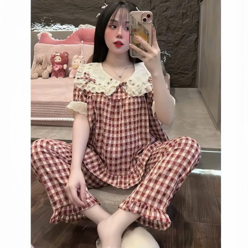 Bộ Áo Babydoll Cổ Và Tay Viền Ren,Quần Dài - MS A01