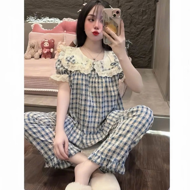 Bộ Áo Babydoll Cổ Và Tay Viền Ren,Quần Dài - MS A01