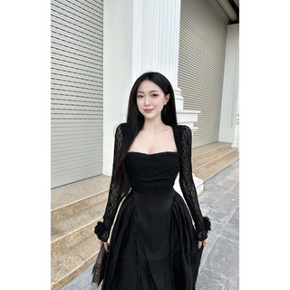 Đầm ren phối tơ tay ngắn và tay dài dáng xòe hai màu Nữ