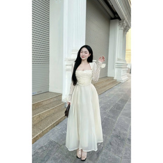 Đầm ren phối tơ tay ngắn và tay dài dáng xòe hai màu Nữ