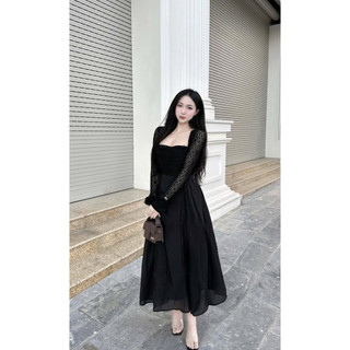 Đầm ren phối tơ tay ngắn và tay dài dáng xòe hai màu Nữ