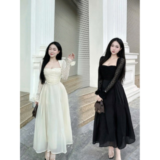 Đầm ren phối tơ tay ngắn và tay dài dáng xòe hai màu Nữ