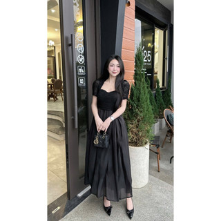 Đầm ren phối tơ tay ngắn và tay dài dáng xòe hai màu Nữ