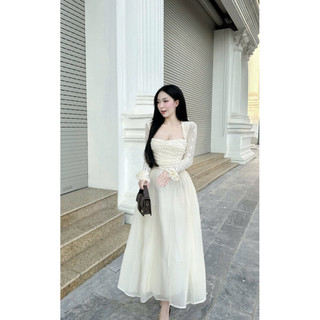 Đầm ren phối tơ tay ngắn và tay dài dáng xòe hai màu Nữ