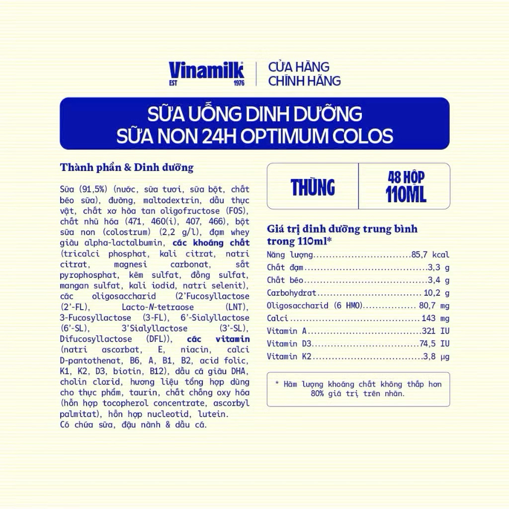 {Chính hãng} Sữa bột pha sẵn Optimum Colos Gold {mới} Vinamilk 110ml 1 thùng 48hộp
