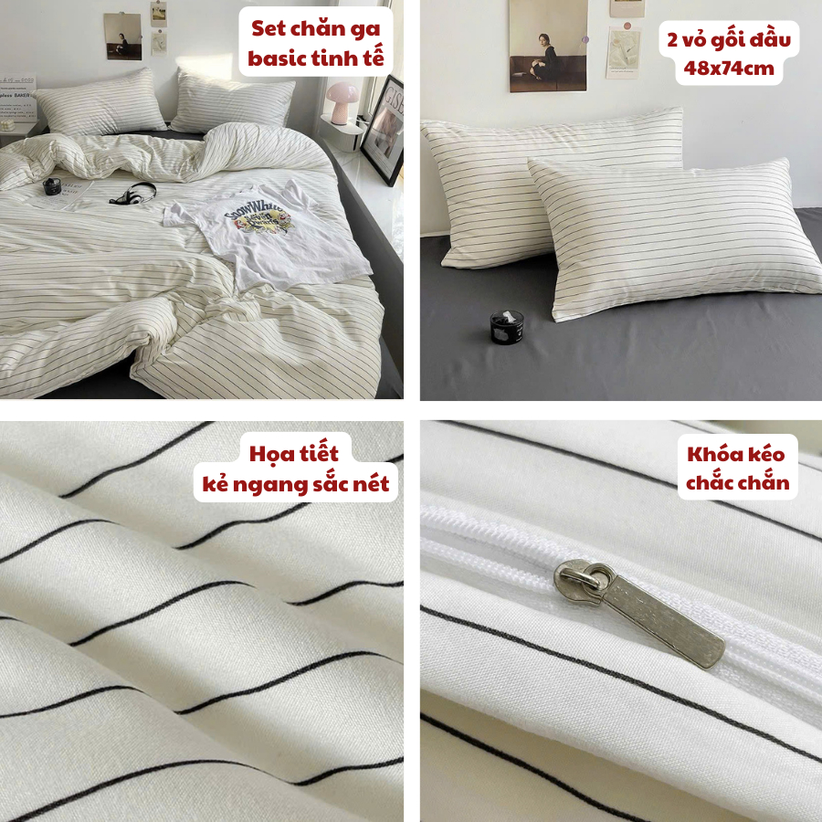(TỔNG HỢP 1) Bộ chăn ga gối 4 món Cotton Hàn kẻ Memminbedding Luxury phong cách Hàn Quốc mềm mịn