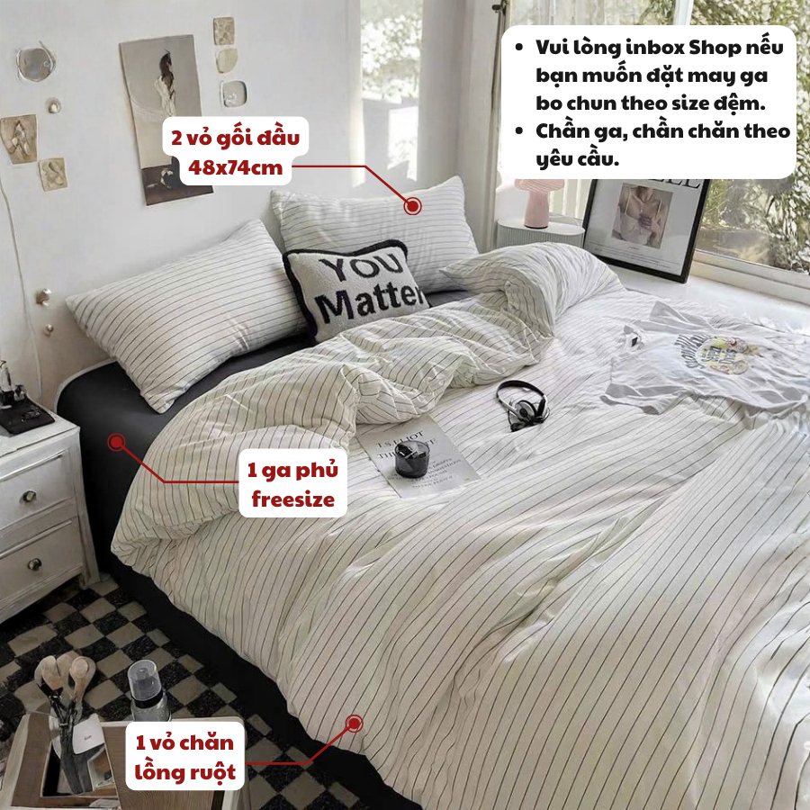 (TỔNG HỢP 1) Bộ chăn ga gối 4 món Cotton Hàn kẻ Memminbedding Luxury phong cách Hàn Quốc mềm mịn