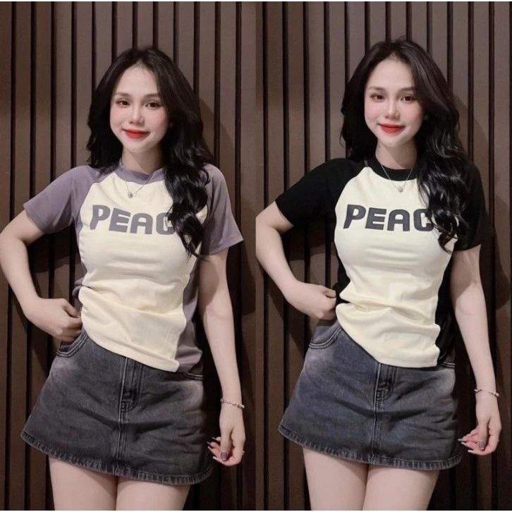 Áo Thun Nữ Dáng Baytee PEACE Ôm Body From Rông Nữ Tính Phối Tay Màu Hottrend