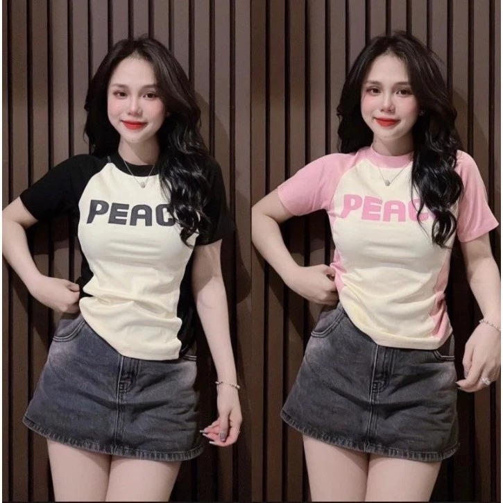 Áo Thun Nữ Dáng Baytee PEACE Ôm Body From Rông Nữ Tính Phối Tay Màu Hottrend