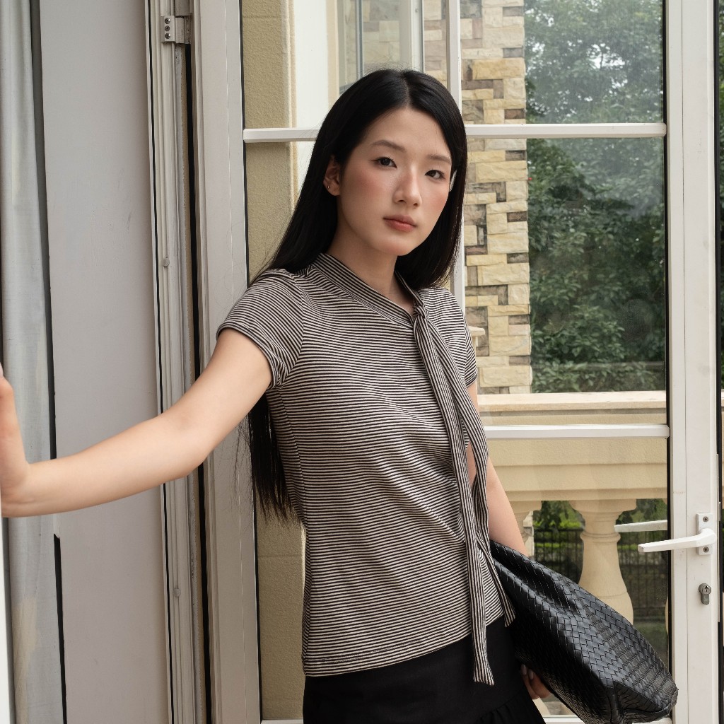 Áo thun nữ họa tiết kẻ ngang SONNA HI - phối dây nơ tùy chỉnh - STRIPE TIE TOP