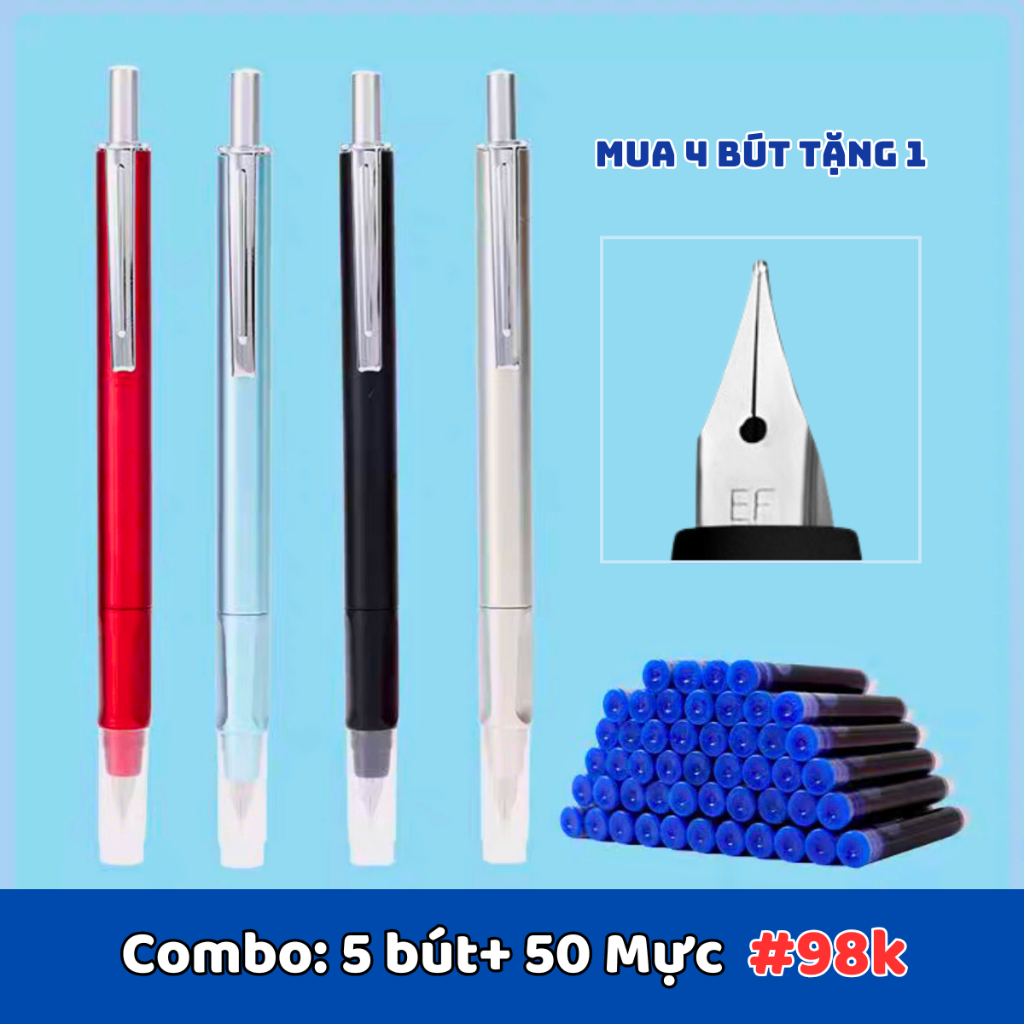Bút Máy Bấm Ngòi F06 Ngòi EF 0.38mm, Mực Không Xóa - Dùng Cho Học Sinh Tiểu Học 1-5 Viết Êm Trơn.