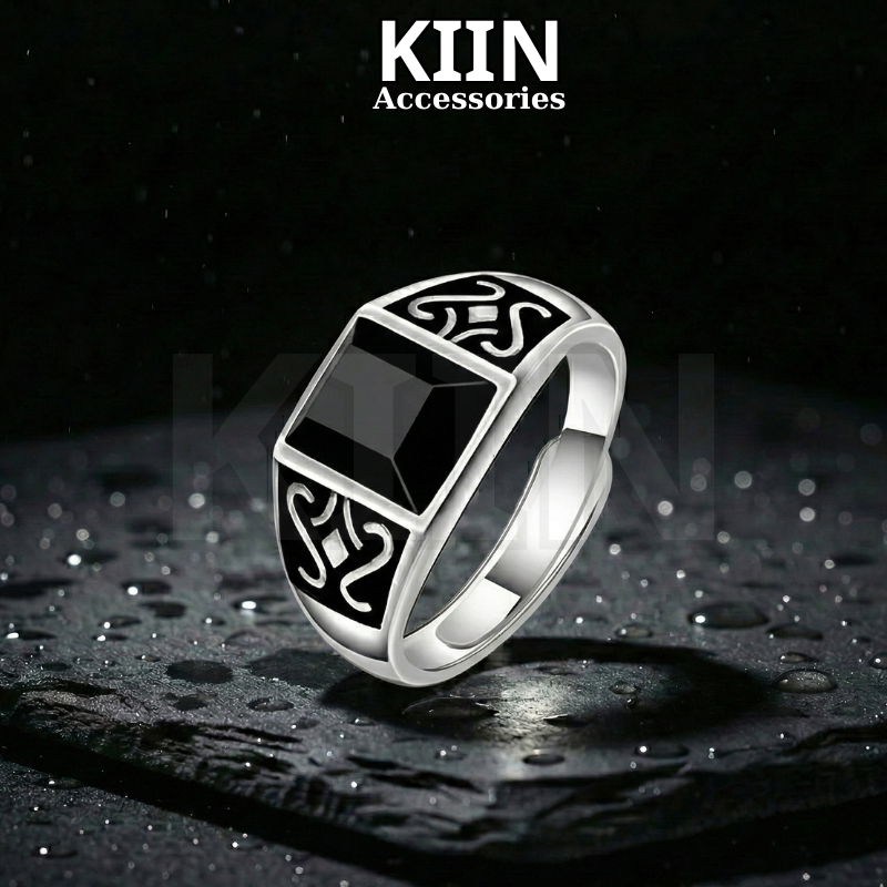 Nhẫn Totem bí ẩn thời trang nam, nhẫn đá Obsidian uy quyền, nhẫn đá quý kiểu retro Kiin Âu Mỹ