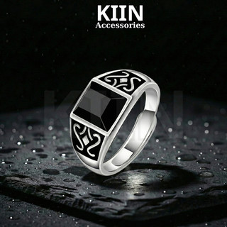 Nhẫn Totem bí ẩn thời trang nam, nhẫn đá Obsidian uy quyền, nhẫn đá quý kiểu retro Kiin Âu Mỹ