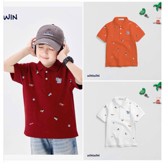 (25 - 45kg) ÁO THUN POLO TRẮNG VÀNG HỌA TIẾT CÚN NĂNG ĐỘNG CHO BÉ TRAI | AnhMy Baby