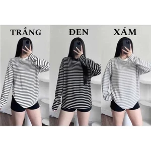Áo Thun Dài Tay Thu Đông Basic Nữ Tính Dễ Thương Hoạ Tiết Kẻ Vằn Ngang From Rộng MẶc Thoải Mái Ở Nhà,Đi chơi