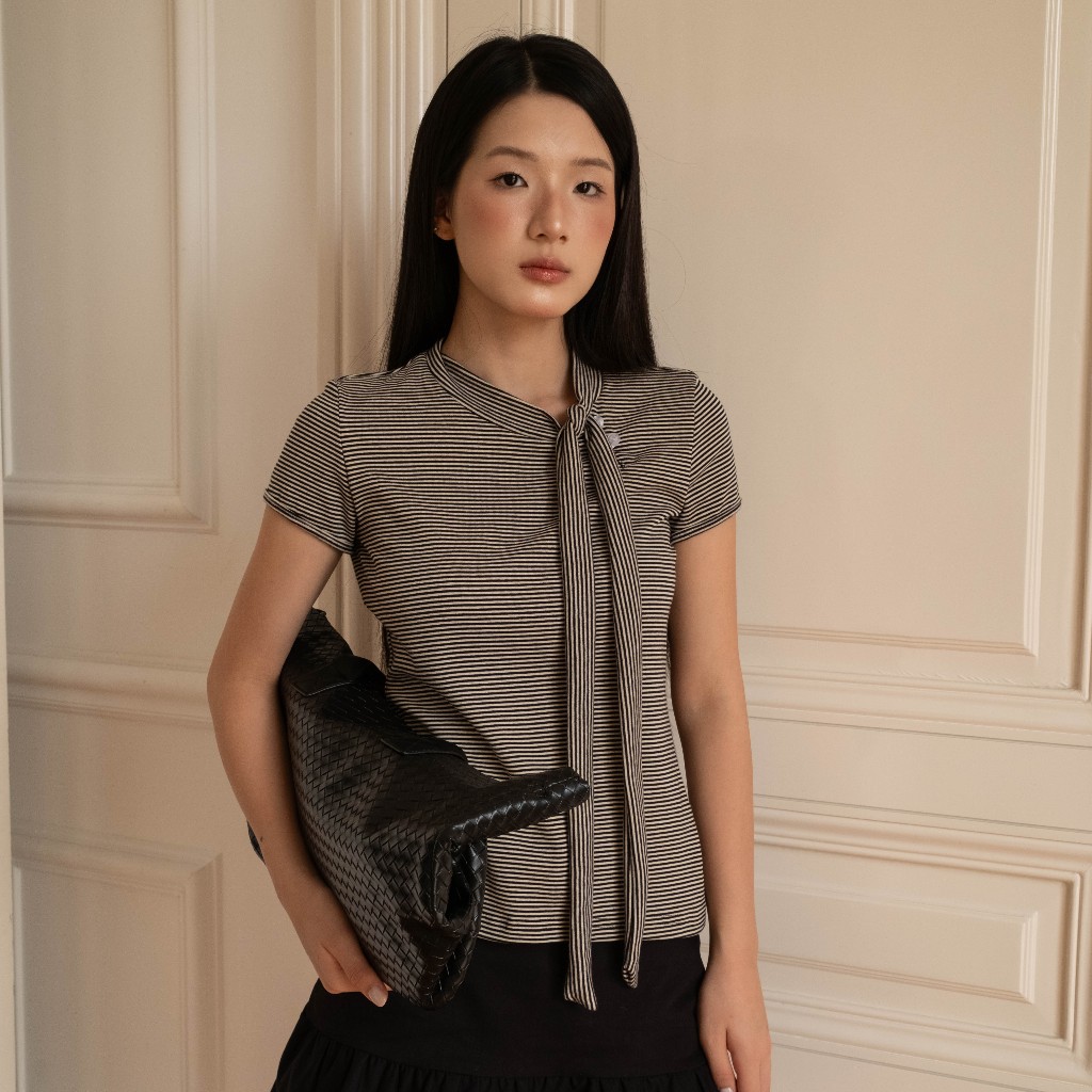 Áo thun nữ họa tiết kẻ ngang SONNA HI - phối dây nơ tùy chỉnh - STRIPE TIE TOP