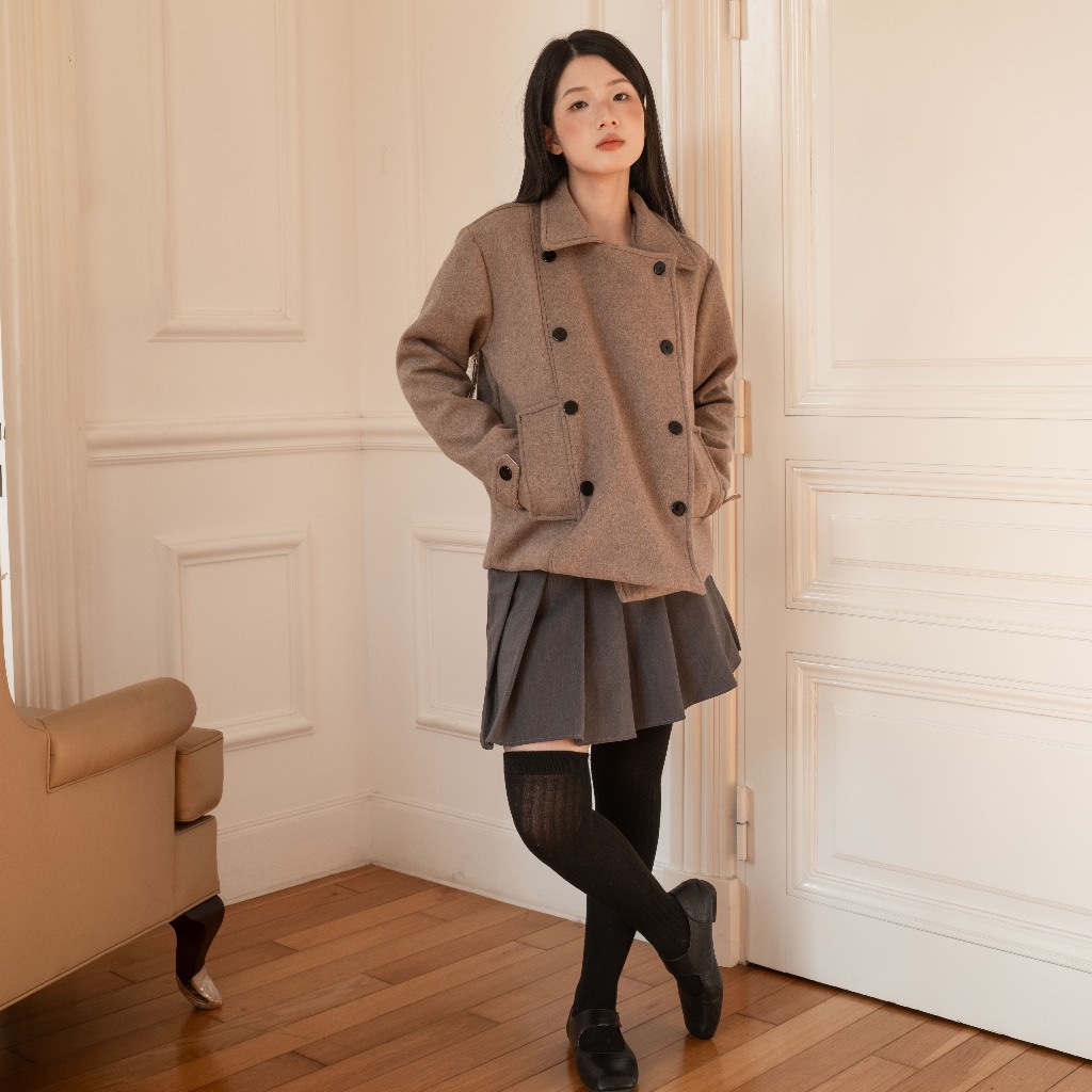 Áo khoác kaki măng tô dáng ngắn SONNA HI- cổ bẻ cúc cài, đuôi áo dáng xòe - HAZEL DOUBLE WOOL COAT