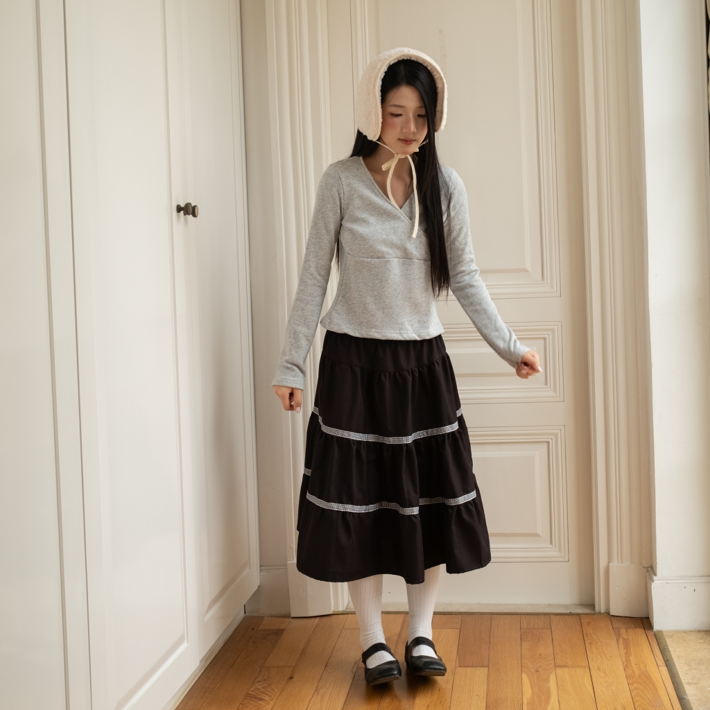 Chân váy dài 2 tầng SONNA HI - dáng xòe, họa tiết viền ren caro đen - HERITAGE LONG SKIRT