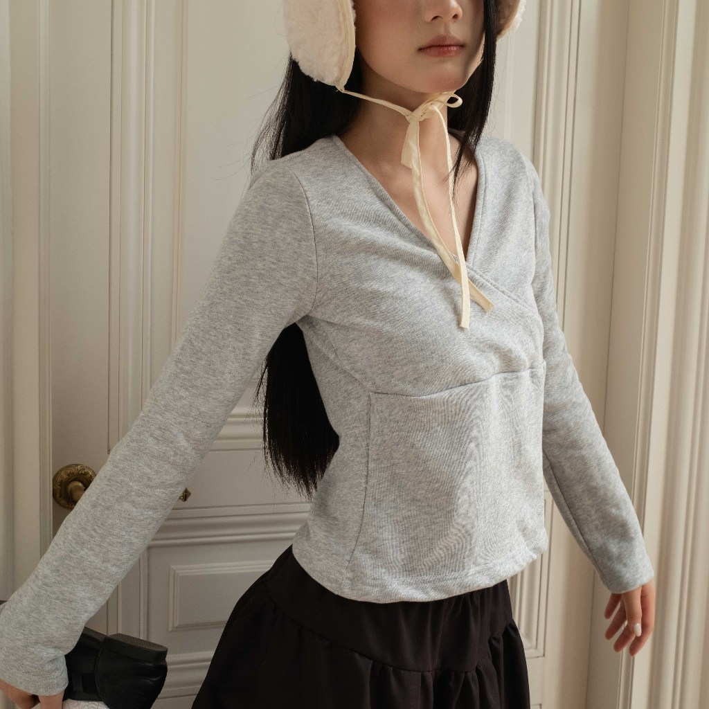 Áo nỉ nữ cổ V SONNA HI - cotton nỉ da cá lót bông 100% cao cấp - BALLET V TOP