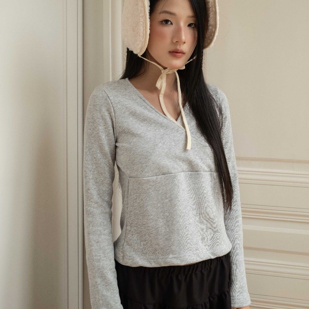 Áo nỉ nữ cổ V SONNA HI - cotton nỉ da cá lót bông 100% cao cấp - BALLET V TOP