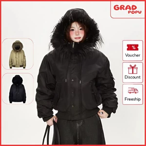 Áo khoác GRADPOPU có mũ trùm đầu và cổ lông, thiết kế dày dặn ấm áp mùa dông dành cho nữ AK297