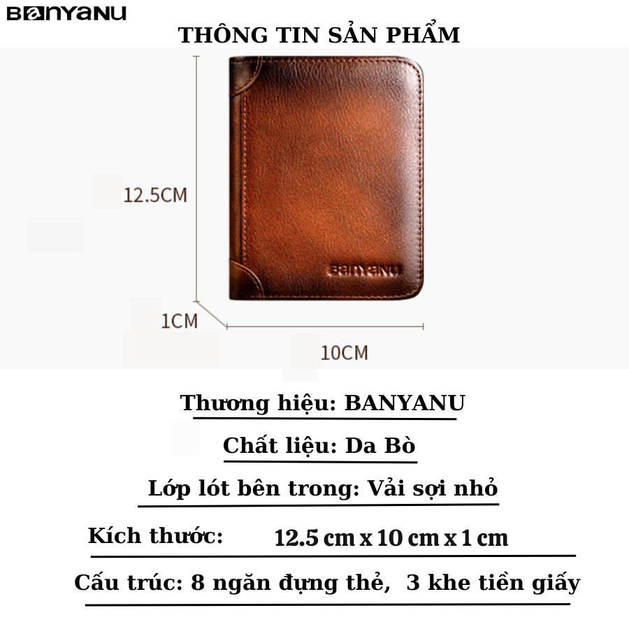 Ví đứng nam ví ngang da bò gập đôi gập ba ví tiền nam bóp đựng tiền nhiều ngăn chính hãng BANYANU MSP2011 đủ màu có hộp
