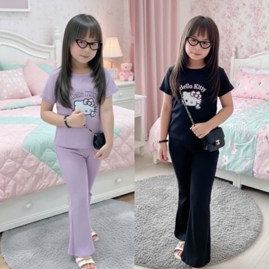 4-14 TUỔI Sét đồ bộ cho bé cộc tay in hình mèo chất vải tăm lạnh phối quần ống loe co giãn thoải mái. M56