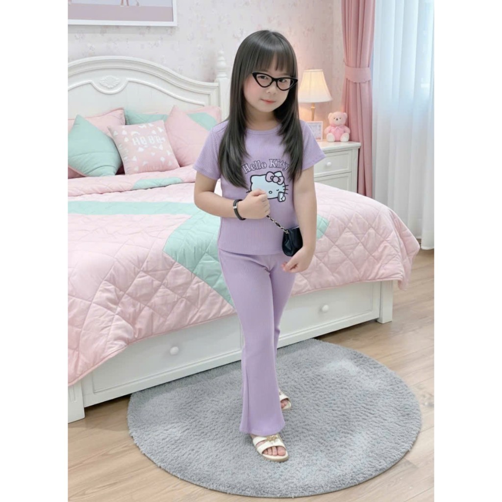 4-14 TUỔI Sét đồ bộ cho bé cộc tay in hình mèo chất vải tăm lạnh phối quần ống loe co giãn thoải mái. M56